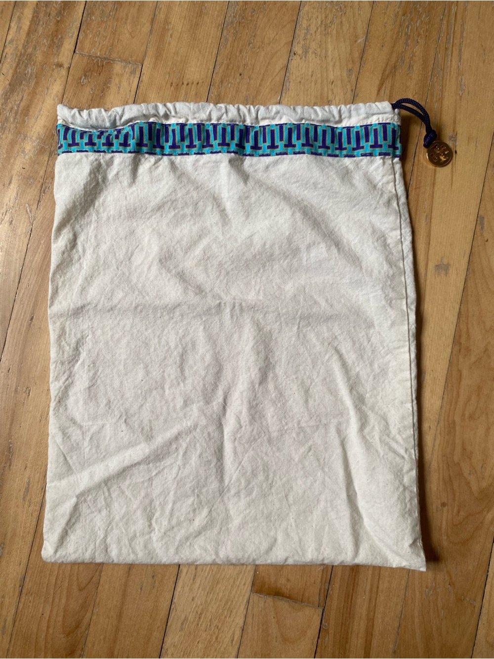 Tory Burch Cream Drawstring Dust Bag with Blue and Teal Trim